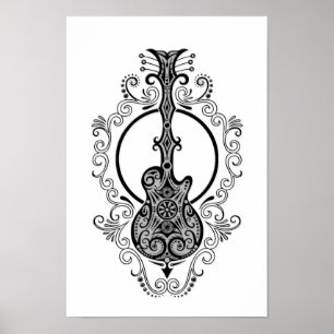 Póster Diseño negro complejo de la guitarra en blanco