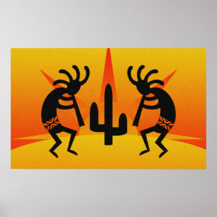 Póster Diseño negro y amarillo de Kokopelli del sudoeste