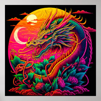 Póster Diseño neón colorido del dragón chino