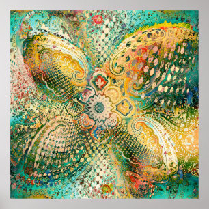Póster Diseño Paisley en tonos vibrantes de amarillo y ve