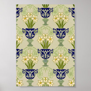 Póster Diseño repetitivo de jarrón con narcisos Art Nouve