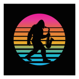 Póster Diseño Retro Atardecer Saxofón Jazz Bigfoot Brilla