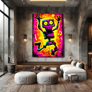Póster Diseño Retro de Halloween de Esqueleto de Neón Per