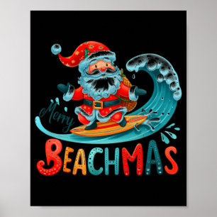 Póster Diseño Retro de Santa Surfista Feliz Beachmas