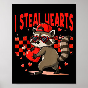 Póster Diseño robo corazones Mapache Día de San Valentín 