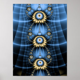 Póster Diseño simétrico ornamental de mandala fractal azu