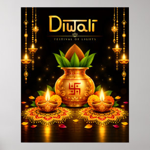 Póster Diseño tradicional de Diwali Kalash y Diyas Festiv