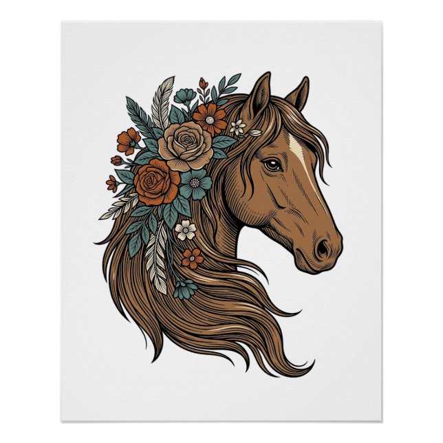 Póster diseño vectorial de cabeza de caballo floral vinta (Anverso)