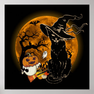 Póster Disfraz de gato negro espantoso de Halloween vinta