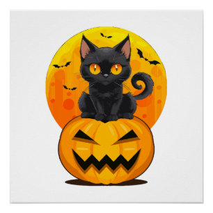 Póster Disfraz de Halloween de calabaza gato negro