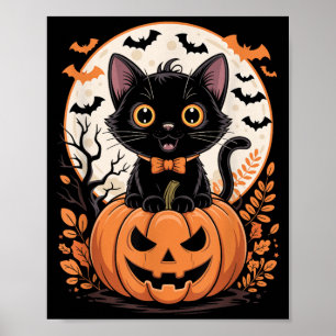 Póster Disfraz de Halloween de Calabaza Gato Negro Otoño