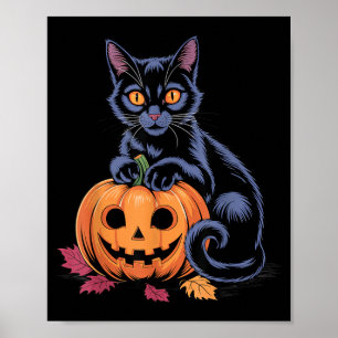 Póster Disfraz de Halloween de calabaza gato negro Retro 