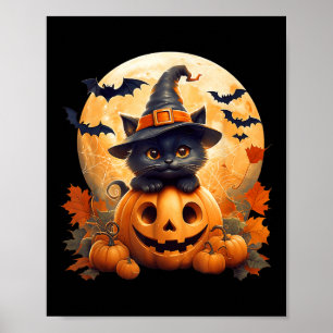 Póster Disfraz de Halloween de gato negro bruja calabaza 