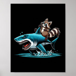 Póster Disfraz de tiburón montando mapache amante de los
