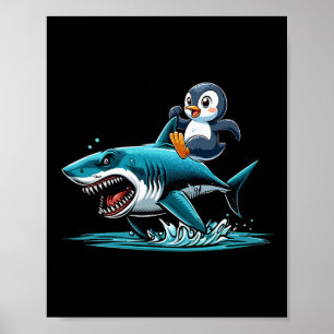 Póster Disfraz de tiburón montando pingüino amante de los