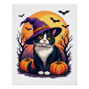 Póster Disfraz Retro de Gato Negro de Halloween con Calab