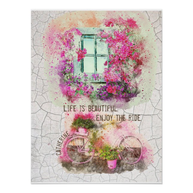 Póster Disfruta Del Paseo | Bicicleta acuarela con flores (Anverso)