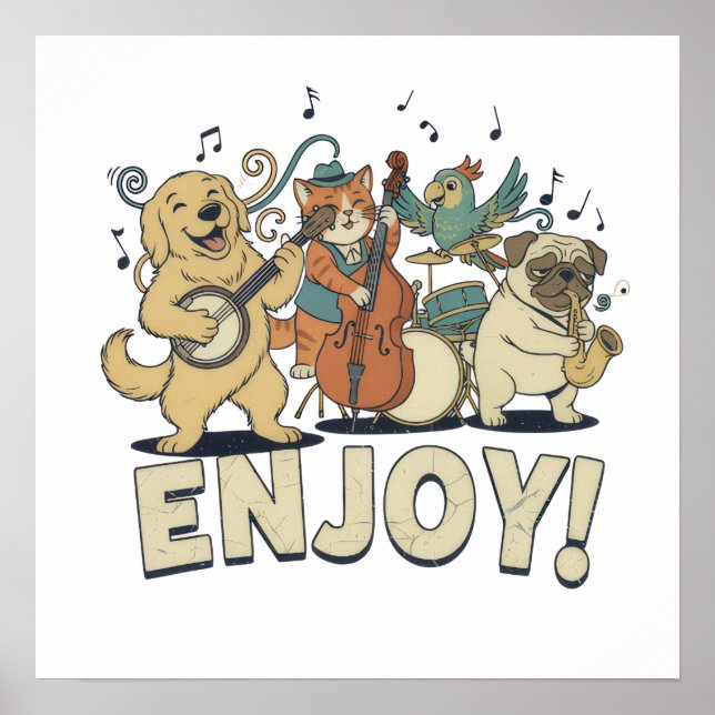 Póster “Disfruta – Mascotas Adorables Tocando Instrumento (Frente)