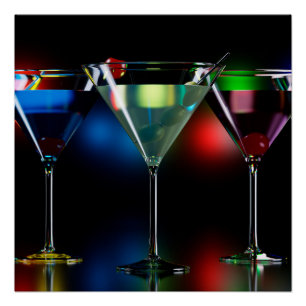 Póster Distintos cócteles en gafas de martini con luces