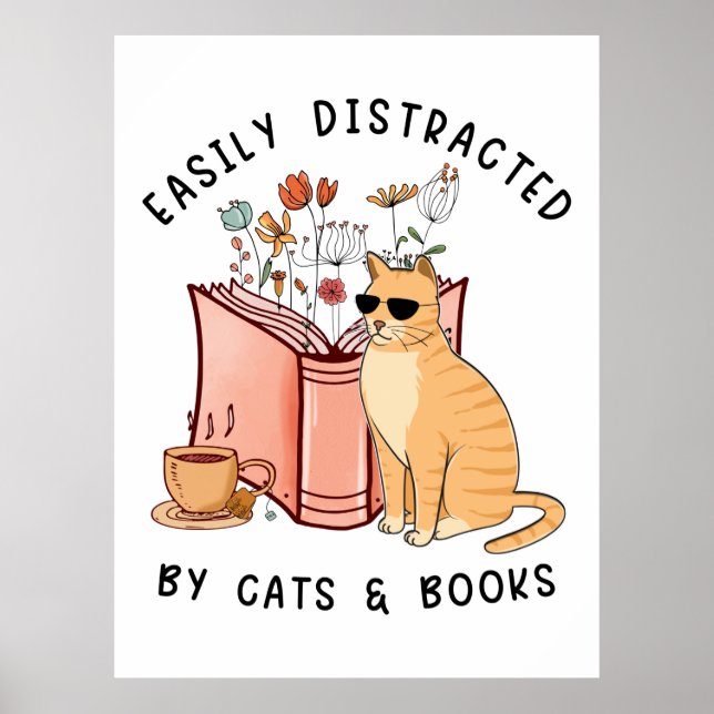 Póster Distracción fácil por gatos y libros (Frente)