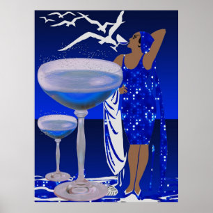 Póster Diva ART DECO Dama Champán Azul