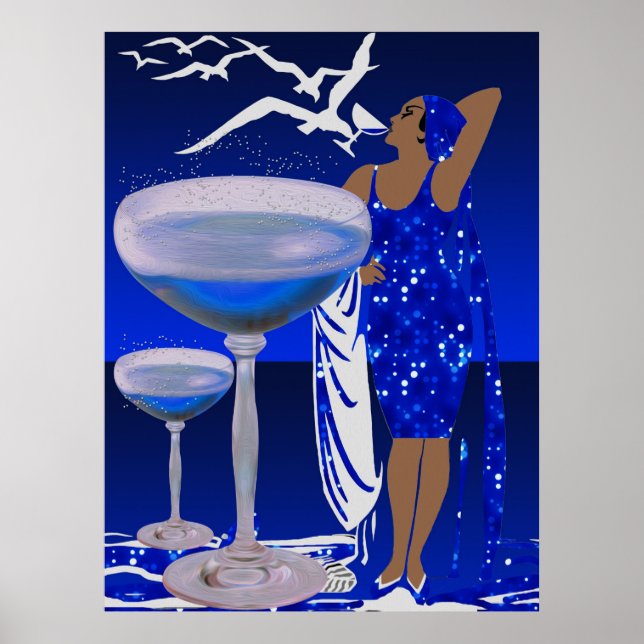 Póster Diva ART DECO señora Champagne Azul (Frente)