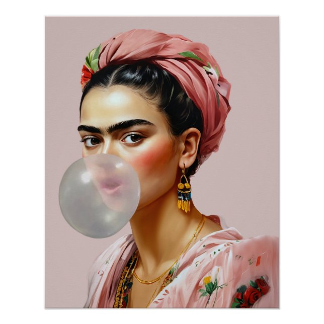 Póster Diva con bufanda floral soplando chicle (Anverso)