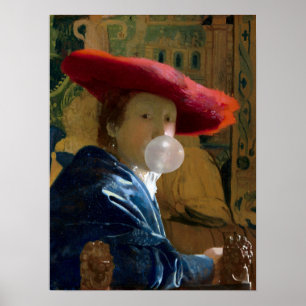 Póster Diva de chicle en un sombrero rojo soplando un chi