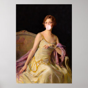 Póster Diva de chicle en un vestido amarillo soplando una