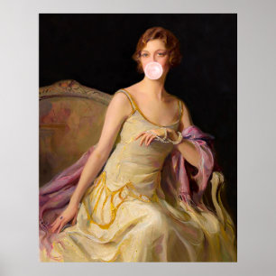 Póster Diva de chicle en un vestido amarillo soplando una