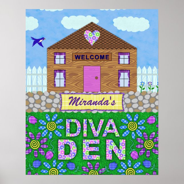 Póster Diva Den Woman Cave Garden Hut Nombre Personalizad (Frente)