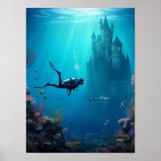 Póster Diver finds a castle in the reef