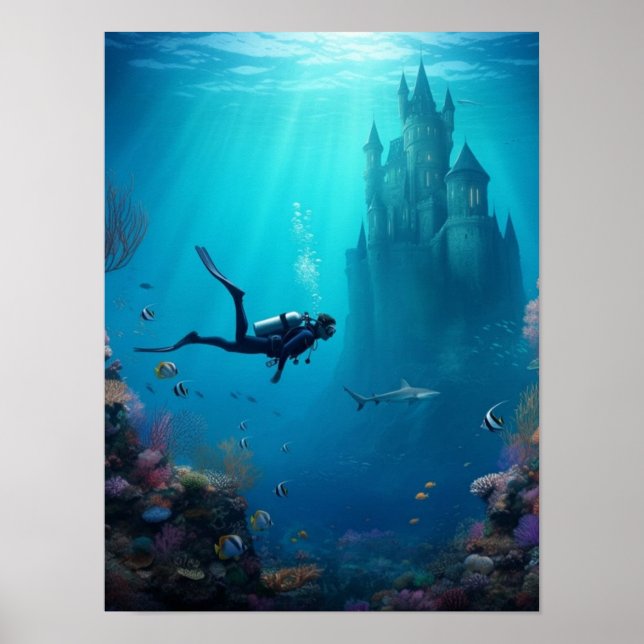 Póster Diver finds a castle in the reef (Frente)
