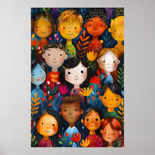 Póster Diverse Happy Children Floral Pattern Illustration (Frente)