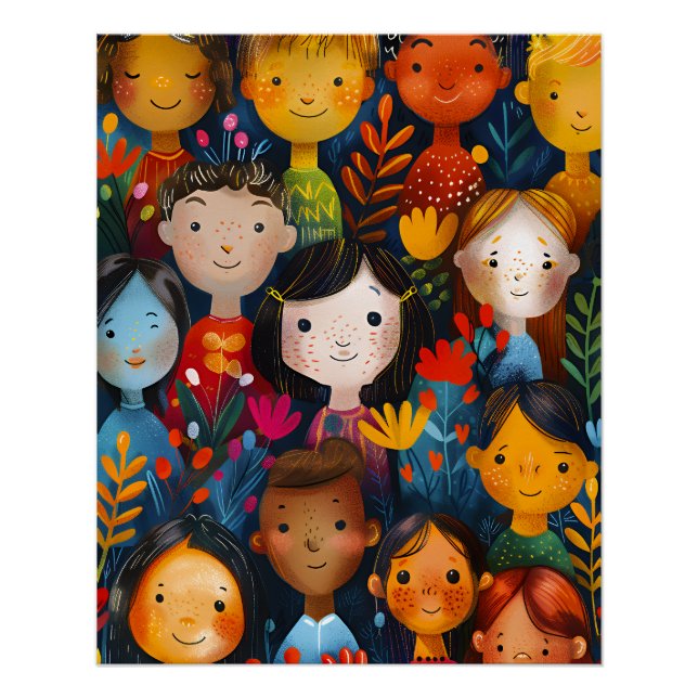 Póster Diverse Happy Children Floral Pattern Illustration (Anverso)