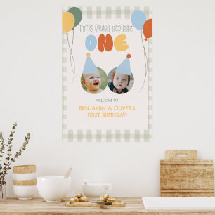 Póster Diversión al ser UNO Green Gingham Bienvenida 1er