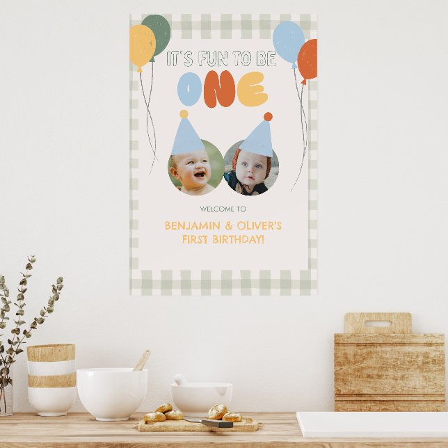 Póster Diversión al ser UNO Green Gingham Bienvenida 1er  (Cocina)