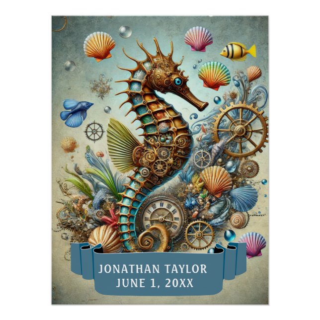 Póster DIVERSIÓN CABALLO DE MAR STEAMPUNK CON NOMBRE Cump (Anverso)