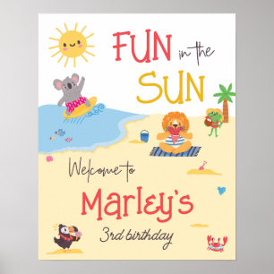 Póster Diversión en la Playa Animales Cumpleaños Bienveni