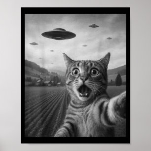 Póster Divertida Selfie De Gato Sorprendido Con Alien Ufo