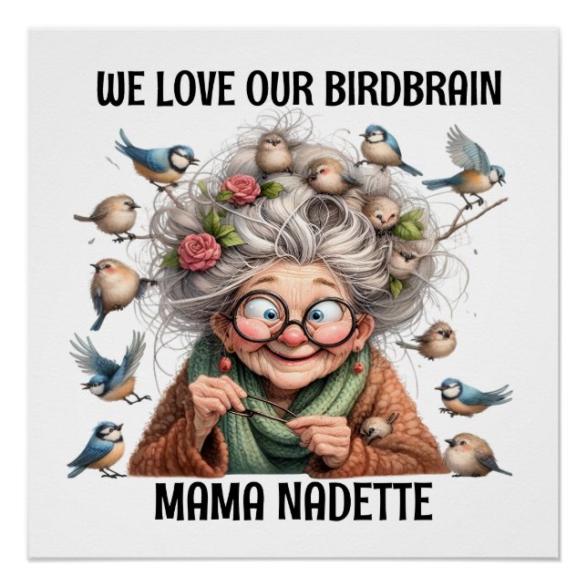 Póster Divertida Senior Con Pájaros (Anverso)