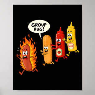 Póster Divertido Abrazo de Grupo de Hotdog Salchicha Pan