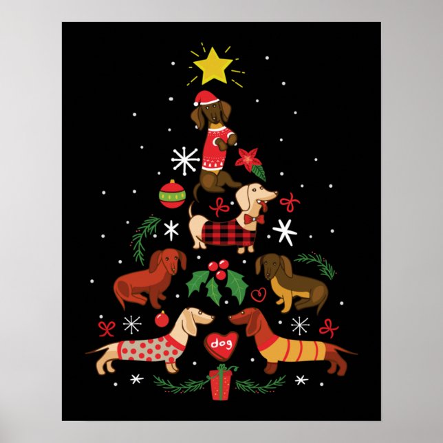 Póster Divertido árbol de Navidad Dachshund (Frente)