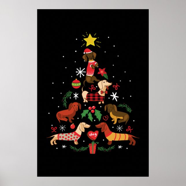 Póster Divertido árbol de Navidad Dachshund (Frente)