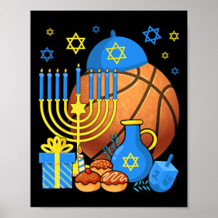 Póster Divertido baloncesto judío Menorah Happy Hanukkah
