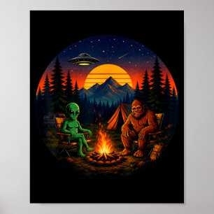Póster Divertido bigfoot alien camping retro ufo fogata