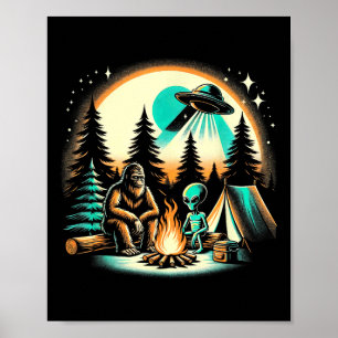 Póster Divertido Bigfoot y Alien Ovni Camping Aventura al