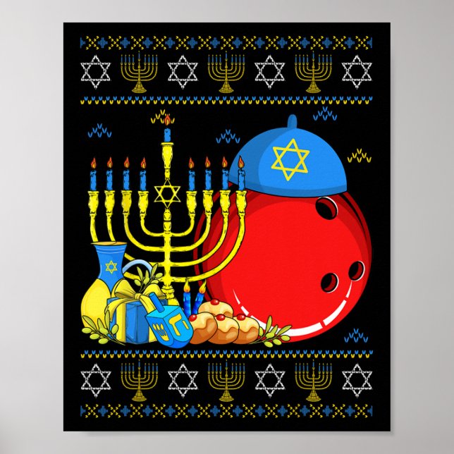 Póster Divertido Bowling Ll Menorah Y Dreidel Ugly Hanukk (Frente)
