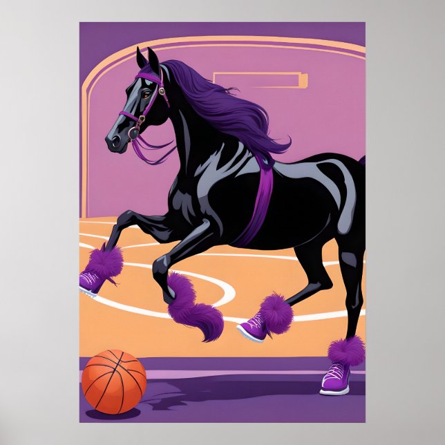 Póster Divertido caballo jugando básquetbol (Frente)