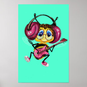 Póster Divertido con Abeja Tocando la Guitarra Pin